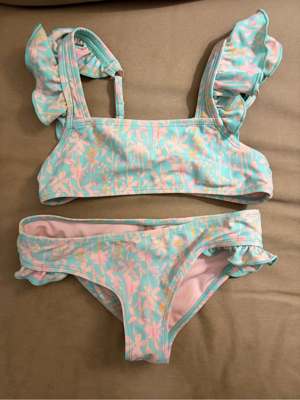 Raisins Girls Aqua Pink Floral Ruffle Bikini Size 8
